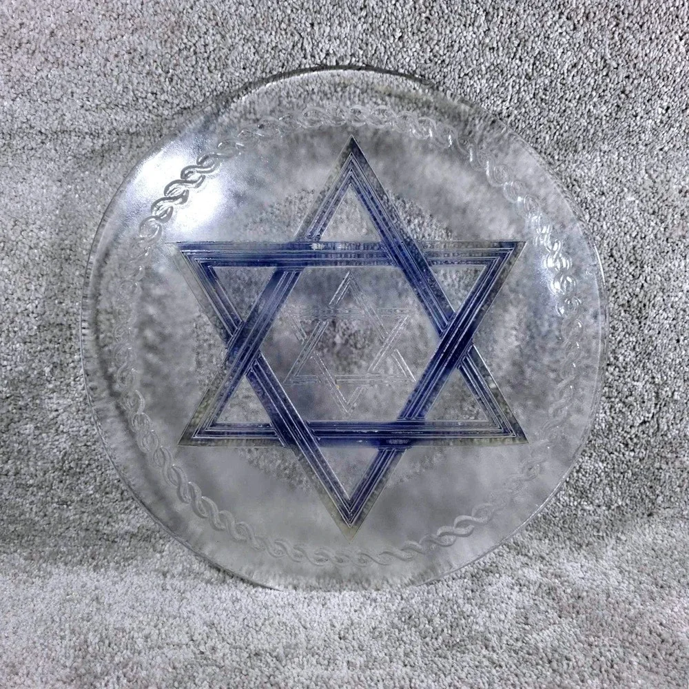 Star‎ of David Blue Clear Glass Plate Decorative Serving Dish
